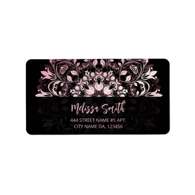Étiquette Pink Shiny Metallic Black Mandala (Devant)