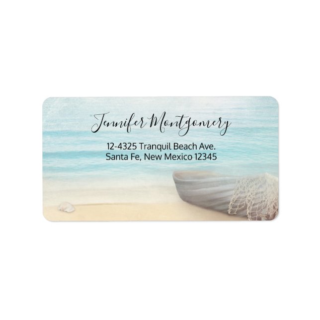 Étiquette Plage nautique avec Rowboat & Fishing Net (Devant)