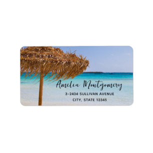 Étiquette Plage tropicale panoramique avec adresse de parapl