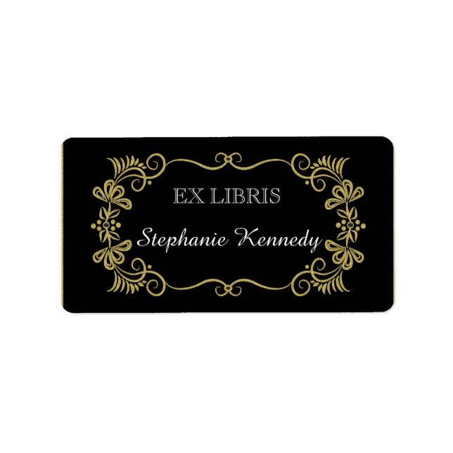 Étiquette Plaques personnalisées | Cadre Floral Or Sur Noir (Devant)