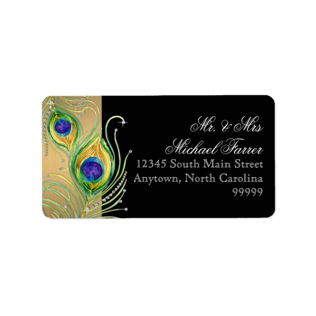 Étiquette Plumes de paon moderne Faux Jewel Scroll Swirl (Devant)