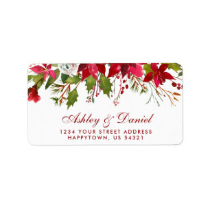 Étiquette Poinsettia rouge florale d'aquarelle de mariage de