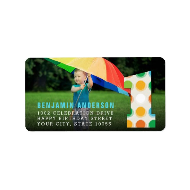 Étiquette Points de couleur moderne flou 1er anniversaire Ph (Devant)