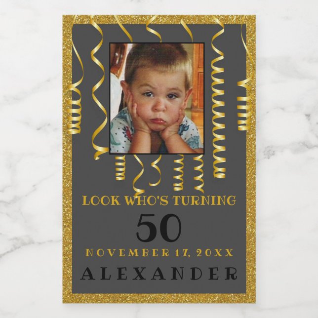Étiquette Pour Bocaux Anniversaire 50e avec Photo Gold Parties scintilla (Étiquettes simples)