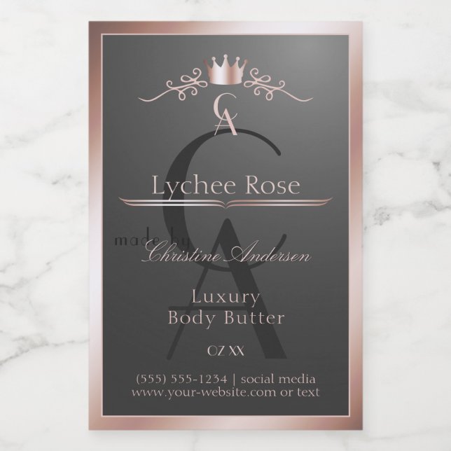 Étiquette Pour Bocaux Anthracite Product Label Rose Gold Frame Monogram (Étiquettes simples)