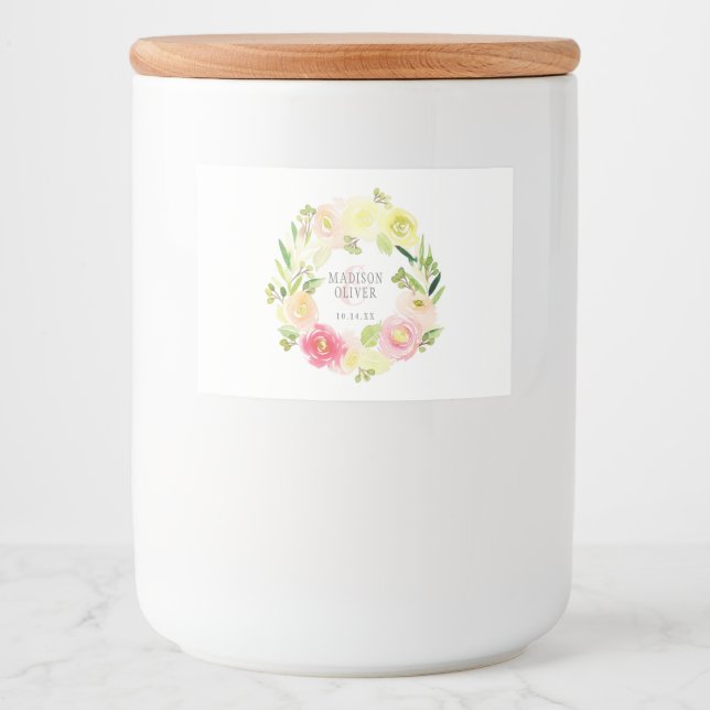 Étiquette Pour Bocaux Aquarelle rose et jaune couronne florale | MARIAGE (Devant)