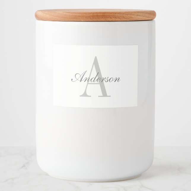 Étiquette Pour Bocaux Blanc élégant & Monogramme Gris (Devant)