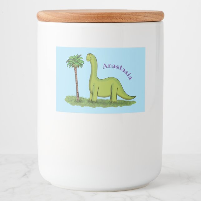 Étiquette Pour Bocaux Caricature de dinosaure de brontosaurus vert migno (Devant)