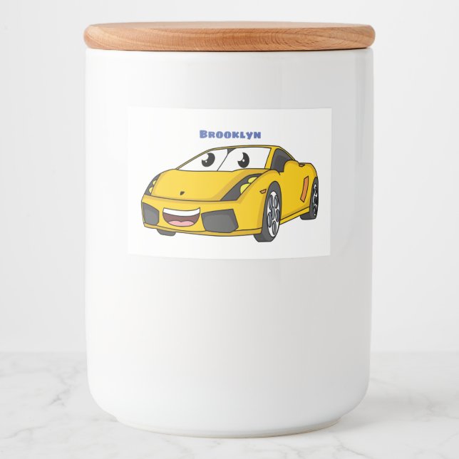Étiquette Pour Bocaux Caricature de voiture sport jaune joyeux (Devant)