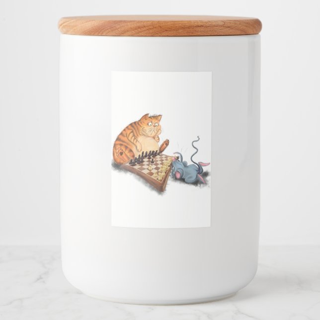 Étiquette Pour Bocaux Cat and Mouse Playing Chess Cartoon Drawing Funny  (Devant)