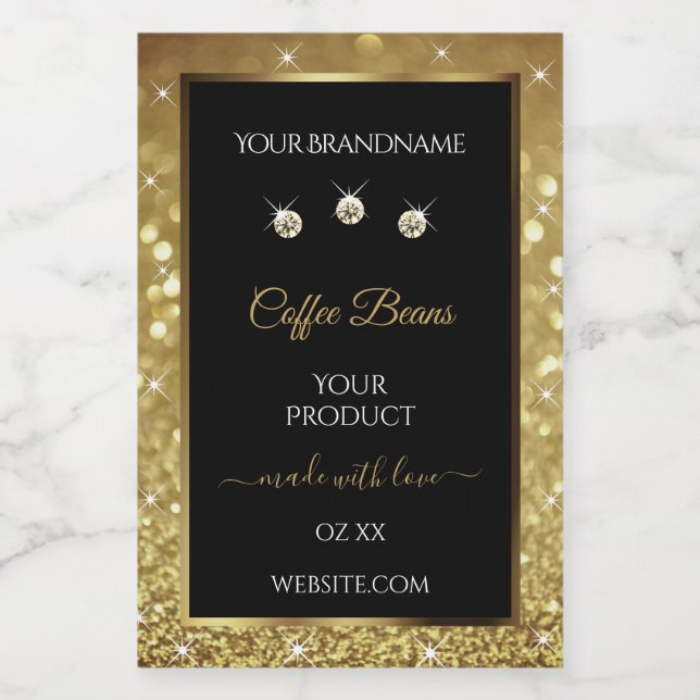 Étiquette Pour Bocaux Elégant Black Gold Parties scintillant produit Éti (Étiquettes simples)