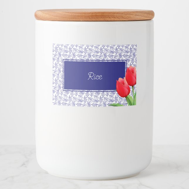 Étiquette Pour Bocaux Elégante Tulipes Rouges Printemps Floral Bleu (Devant)