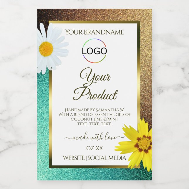Étiquette Pour Bocaux Floral Gold Turquoise Parties scintillant Blanc Pr (Étiquettes simples)
