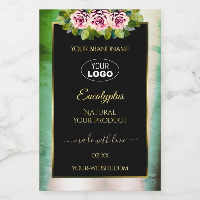 Étiquette Pour Bocaux Floral Rose Marbre Turquoise Noir Produit Étiquett (Étiquettes simples)