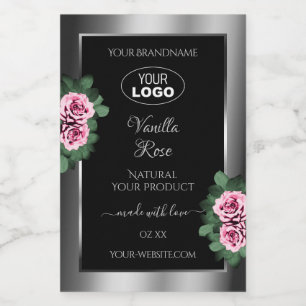 Étiquette Pour Bocaux Floral Rose Roses Argent Noir Produit Logo Étiquet