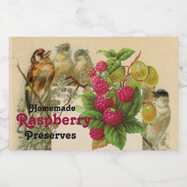 ÉTIQUETTE POUR BOCAUX FRUITS DE SAISON / OISEAUX ET RASPBERRIES PRÉSERVE (Étiquettes simples)