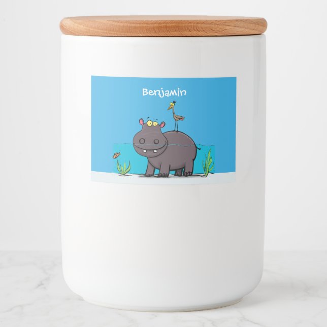 Étiquette Pour Bocaux Ippopotame drôle mignon avec dessin animé d'oiseau (Devant)