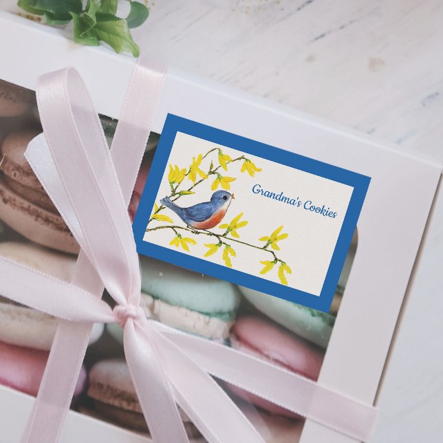 Étiquette Pour Bocaux Joli chant Oiseau rouge et bleu sur Fleurs de Bran (Cute singing blue red bird on branch with bright yellow flowers blue border food container label.)