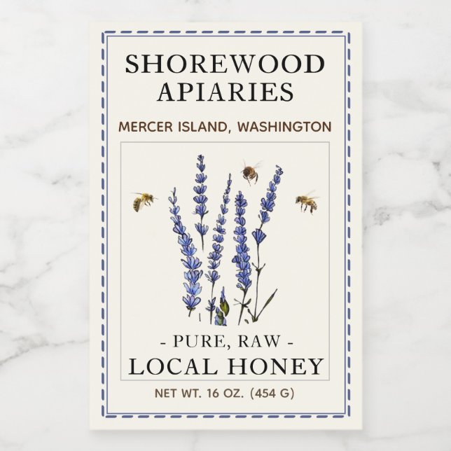 Étiquette Pour Bocaux Lavande Miel 2 x 3 Abeilles réalistes Dashed Bordu (Étiquettes simples)