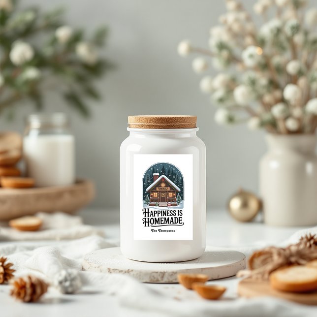 Étiquette Pour Bocaux Le bonheur est fait maison Design Cabine Noël (Happiness is Homemade Cabin Design Christmas Food Label)