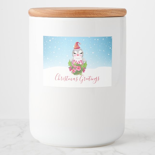 Étiquette Pour Bocaux Pingouin de Noël mignon à Santa Hat (Devant)