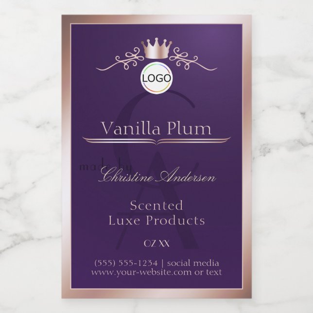 Étiquette Pour Bocaux Purple Product Label Rose Gold Frame Logo Monogram (Étiquettes simples)