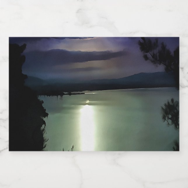 Étiquette Pour Bocaux Une Pleine lune Reflétant L'Art Nautique Egéen (Étiquettes simples)