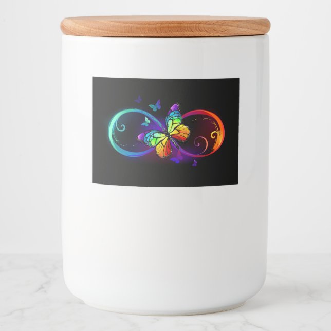 Étiquette Pour Bocaux Vibrant infinity with rainbow butterfly on black (Devant)