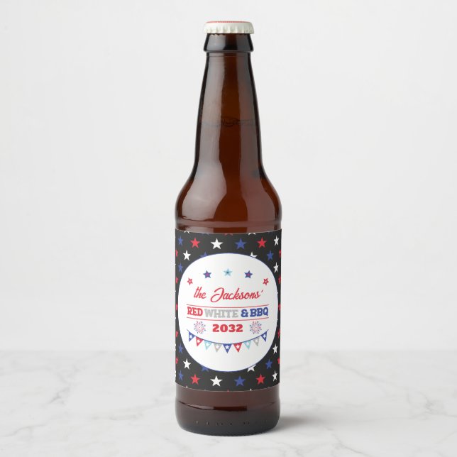 Étiquette Pour Bouteilles De Bière 4 juillet Rouge blanc et BBQ nom de famille patrio (Devant)