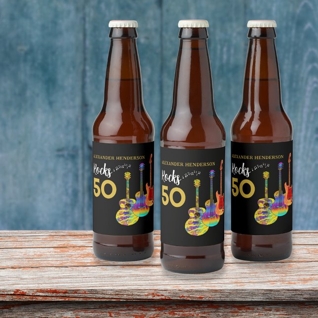 Étiquette Pour Bouteilles De Bière 50e fête d'anniversaire 50 rochers Personnalisé (Rock and roll 50th birthday party personalized beer labels for him funky guitars gold and black)