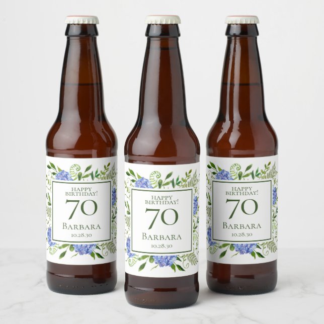 Étiquette Pour Bouteilles De Bière 70e anniversaire Blue Hydrangeas (Bouteilles)