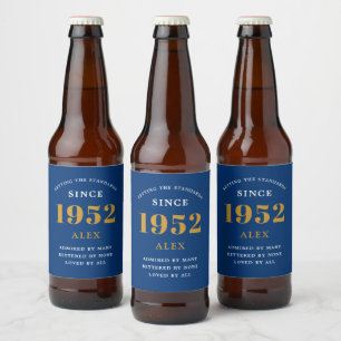 Étiquette Pour Bouteilles De Bière 70e anniversaire Nom 1952 Blue Gold Elegant Chic