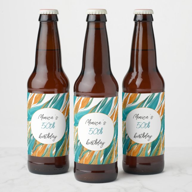 Étiquette Pour Bouteilles De Bière Anniversaire personnalisé Turquoise Orange Aquarel (Bouteilles)