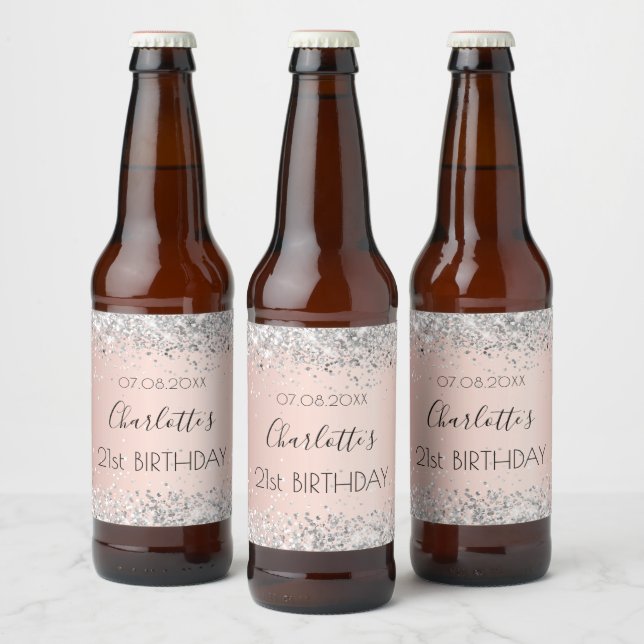 Étiquette Pour Bouteilles De Bière Anniversaire rose or argent nom élégant (Bouteilles)