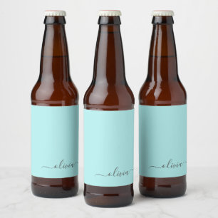 Étiquette Pour Bouteilles De Bière Aqua Blue Turquoise Moderne Script Girl Monogramme