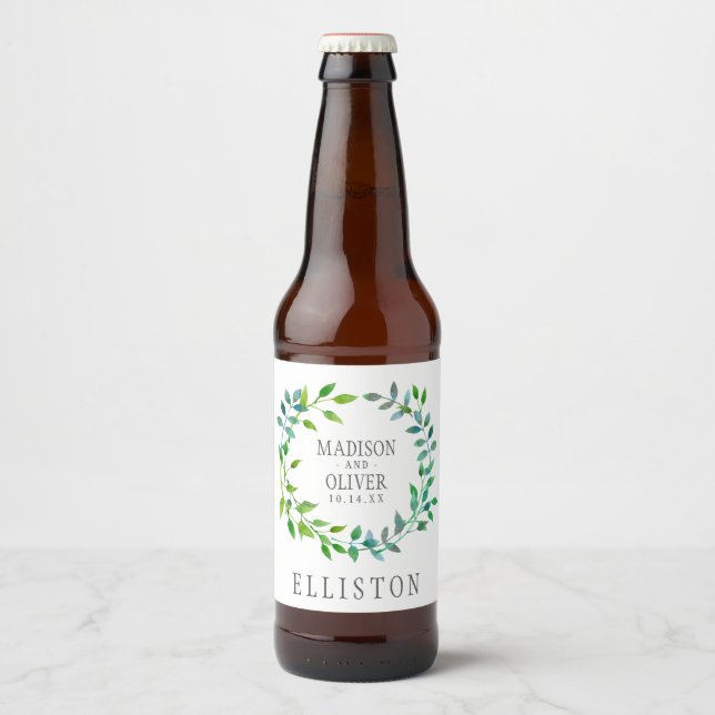 Étiquette Pour Bouteilles De Bière Aquarelle Feuille verte | MARIAGE (Devant)