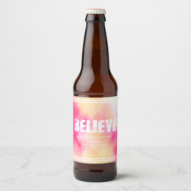 Étiquette Pour Bouteilles De Bière Aquarelle rose et jaune, croire (Devant)