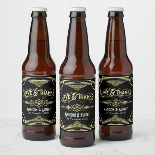 Étiquette Pour Bouteilles De Bière Art Déco Mariage Love & Merci Gold Black Faveur