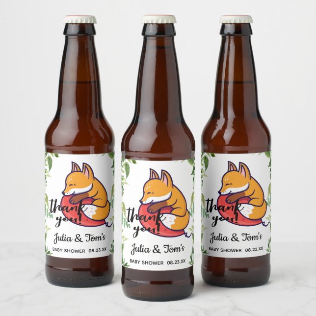 Étiquette Pour Bouteilles De Bière Baby shower de Merci de renard mou (Bouteilles)