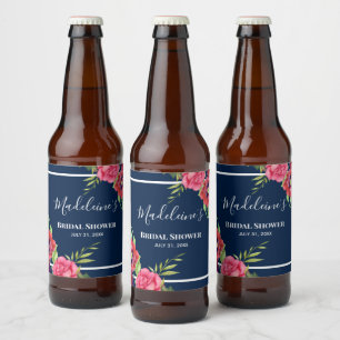 Étiquette Pour Bouteilles De Bière Bachelorette Party Fleurs rouges et roses Dark Nav