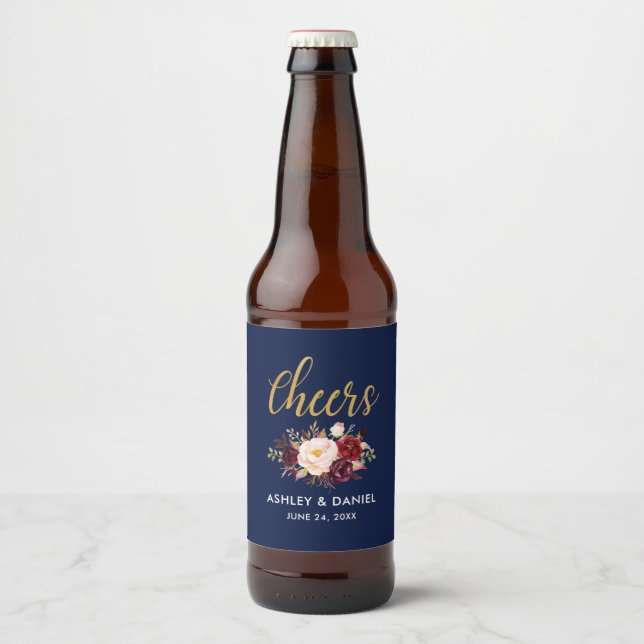 Étiquette Pour Bouteilles De Bière Bleu Bourgogne Floral Mariage or (Devant)