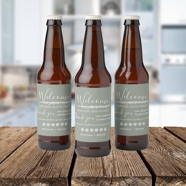 Étiquette Pour Bouteilles De Bière Boho Khaki Vert Bienvenue À Notre Mariage (Boho Khaki Green Welcome To Our Wedding Beer Bottle Label)