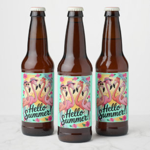 Étiquette Pour Bouteilles De Bière Bonjour l'été Mignon Flamant Rose Vacances Tropica