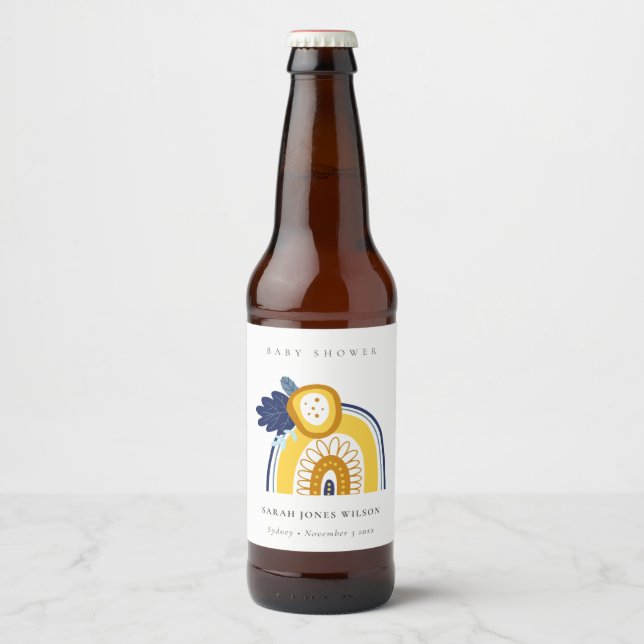 Étiquette Pour Bouteilles De Bière Bright Yellow Navy Boho Floral Rainbow Baby shower (Devant)