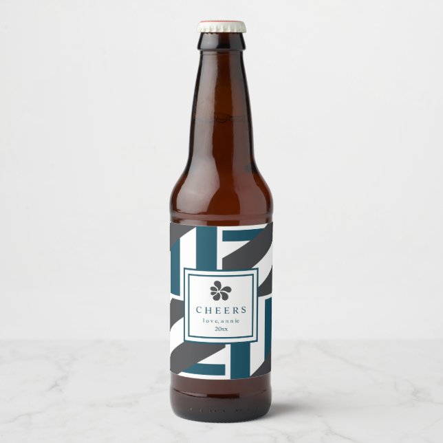 Étiquette Pour Bouteilles De Bière Charbon contemporain et rayures Turquoises (Devant)