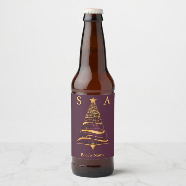 Étiquette Pour Bouteilles De Bière Chic Elegant Gold Noël Arbre Monogramme Mariage (Devant)