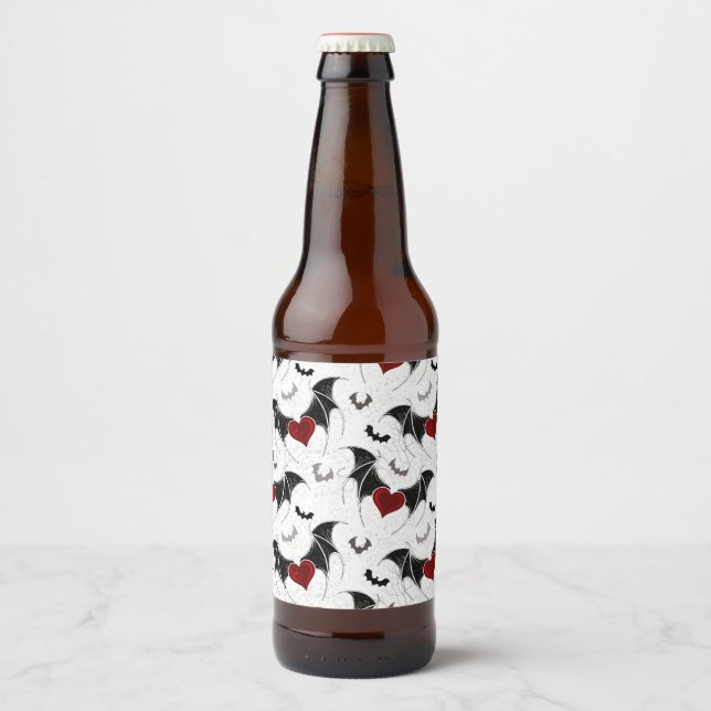 Étiquette Pour Bouteilles De Bière Coeur d'Halloween avec ailes de chauve-souris noir (Devant)