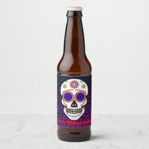 Étiquette Pour Bouteilles De Bière Crâne à sucre aux yeux bleus et à la fleur verte d