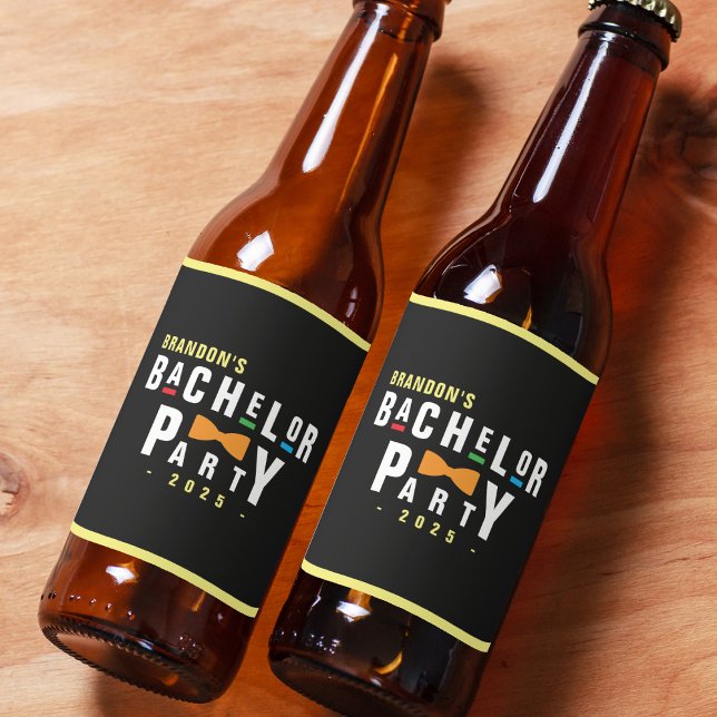 Étiquette Pour Bouteilles De Bière Cravate papillon rétro années 90 colorée Mariage e (Retro 90s Colorful Bowtie Bachelor Party Black Beer Bottle Label
)