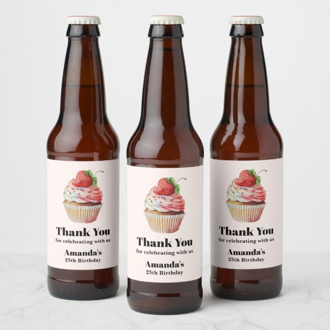 Étiquette Pour Bouteilles De Bière Cupcake fraise dessert dessert Anniversaire (Bouteilles)